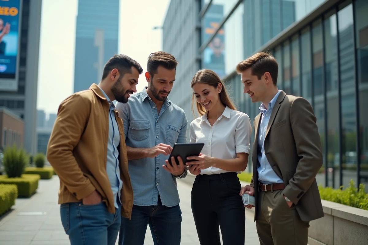 Groupe de jeunes professionnels collaborant en extérieur