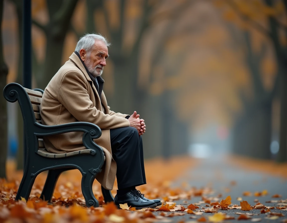 Homme âgé seul sur un banc de parc en automne, exprimant la solitude et la résilience face à la maladie, illustration symbolique du cancer pour un article de presse