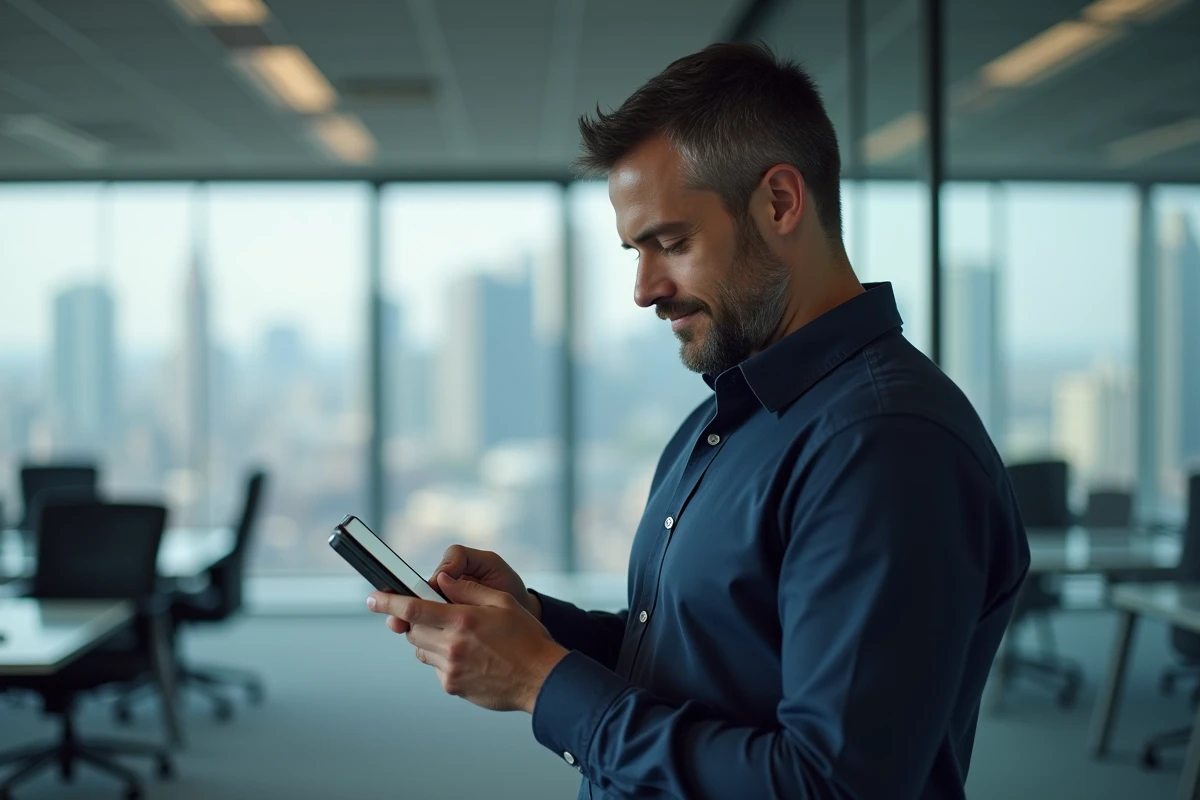 Homme en bureau accédant à son espace MyPeopleDoc via son téléphone mobile
