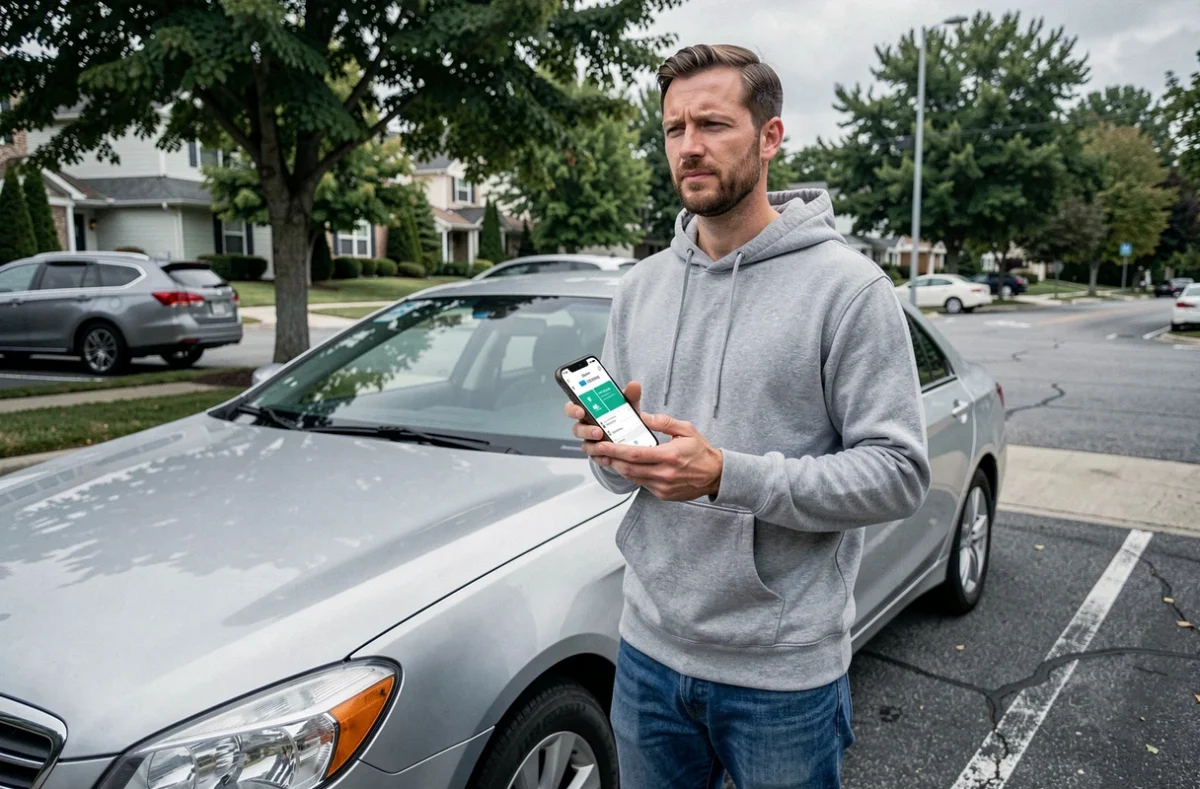 Homme consultant une application de comparaison d'assurance auto sur son smartphone à côté de sa voiture