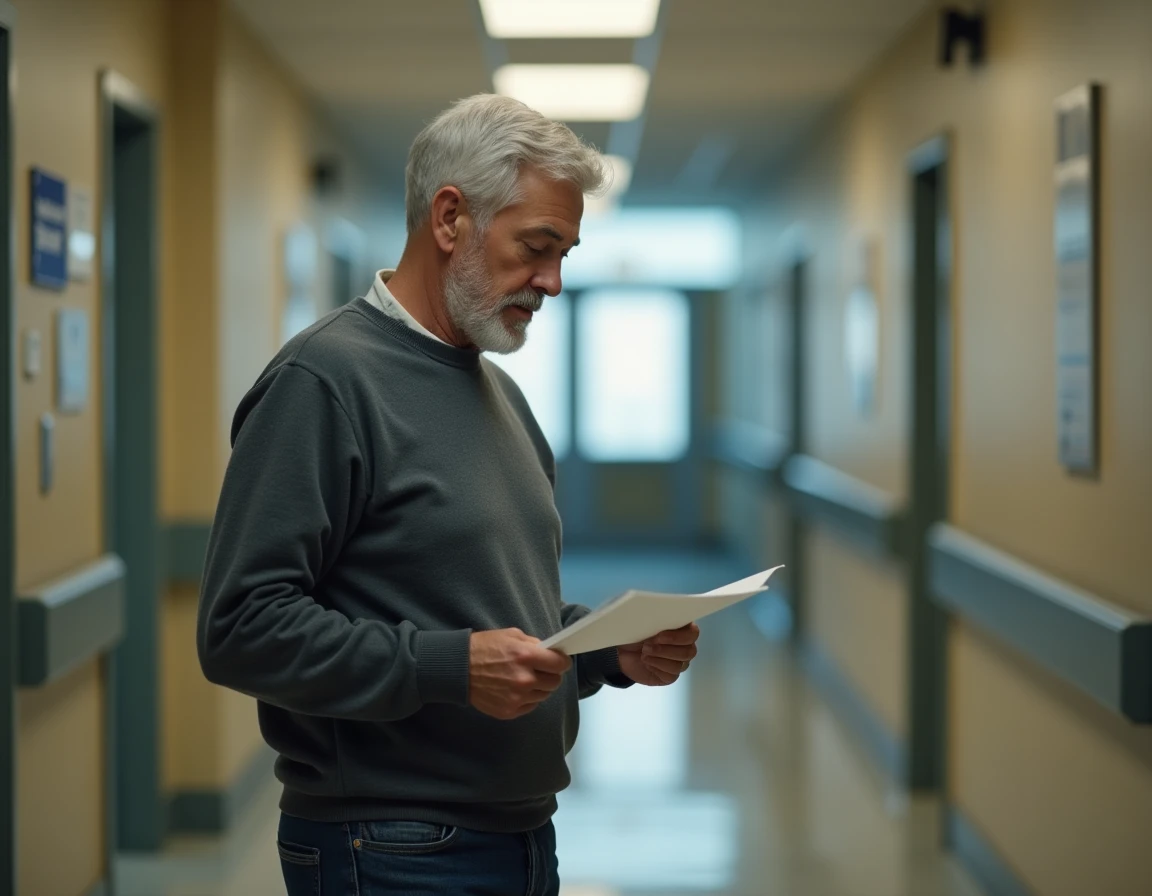 Homme âgé en couloir d'hôpital tenant un document médical, visage grave et introspectif, symbolisant le parcours d'une personnalité publique face au cancer