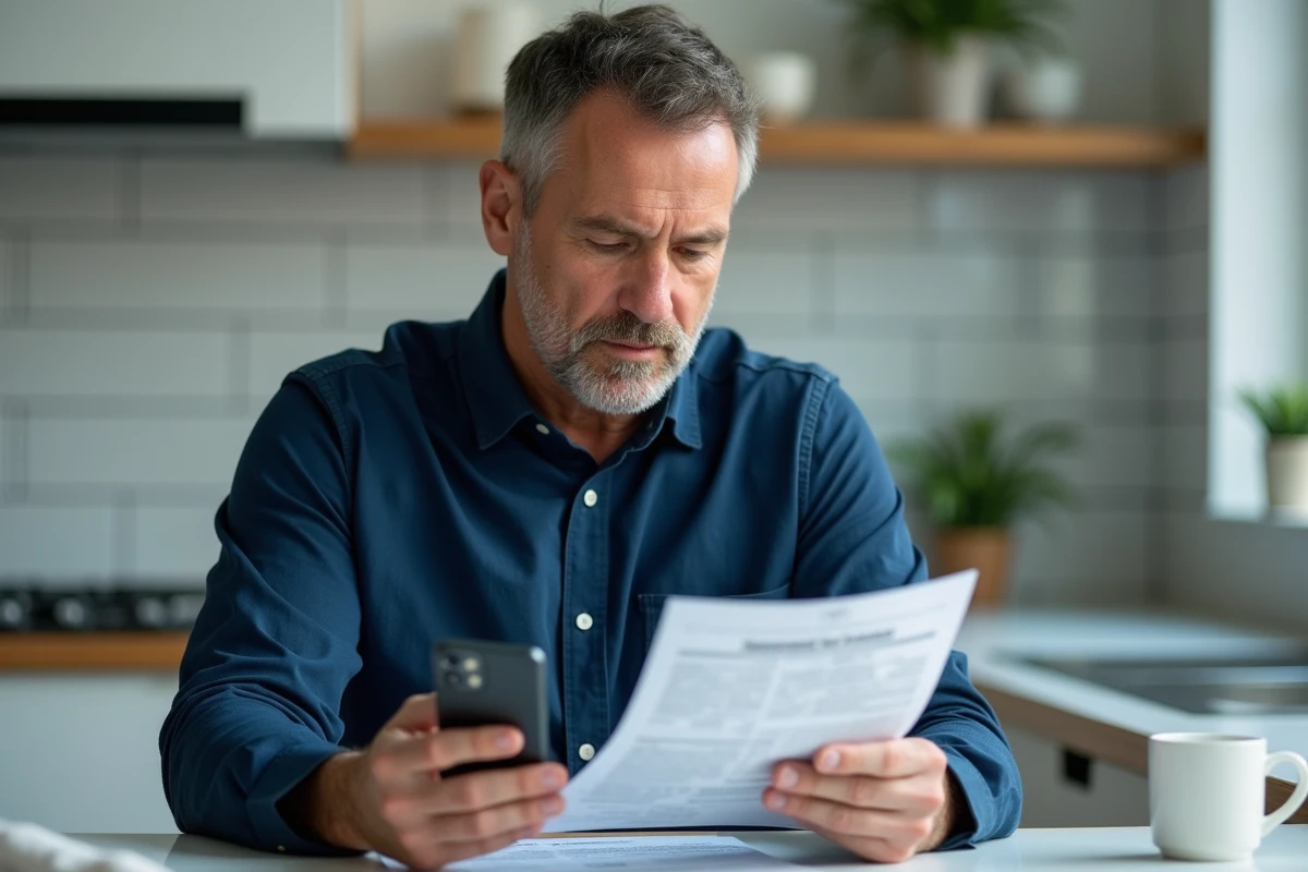 Homme vérifiant son relevé d'information d'assurance auto Direct Assurance sur smartphone avec document papier en main