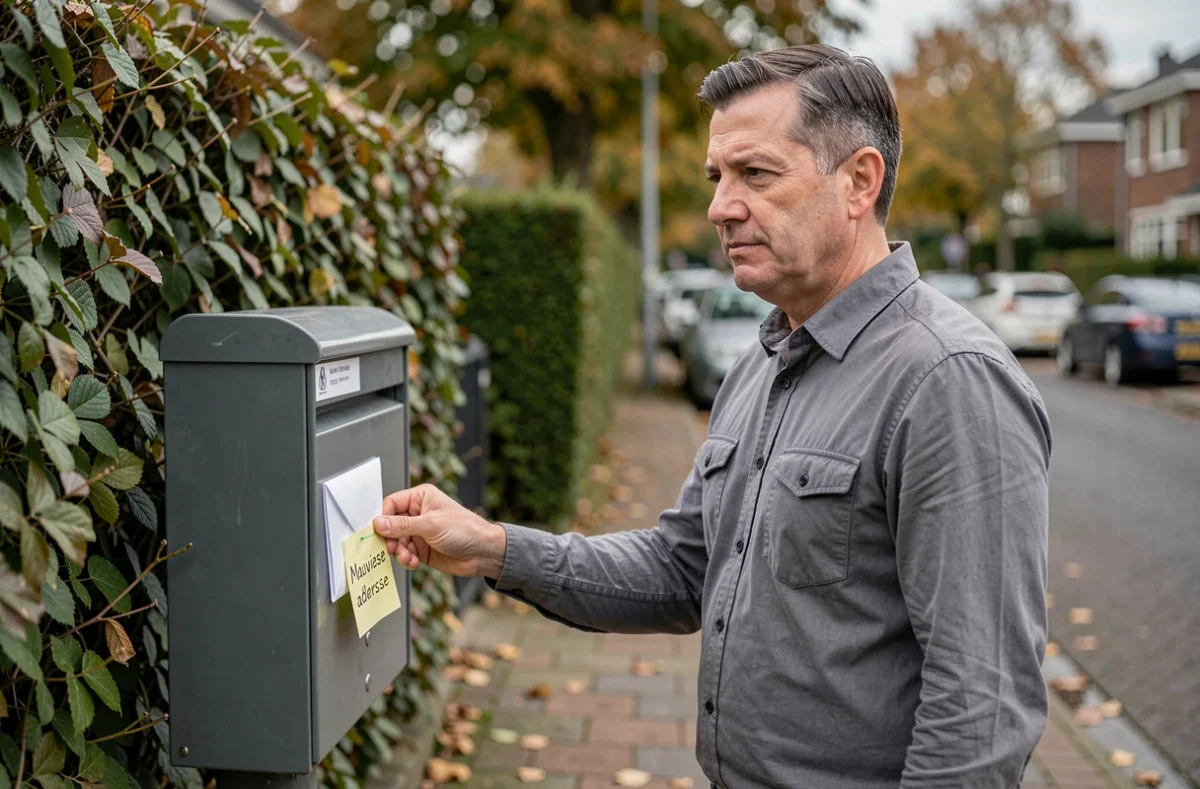 Homme déposant une enveloppe mal adressée dans une boîte aux lettres avec une note 'Mauvaise adresse', illustrant le renvoi de courrier