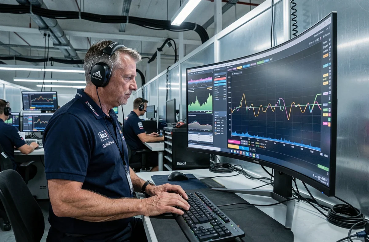 Ingénieur de course F1 analysant des courbes de télémétrie montrant une phase de lift and coast sur écran incurvé dans un garage d'opérations de Formule 1