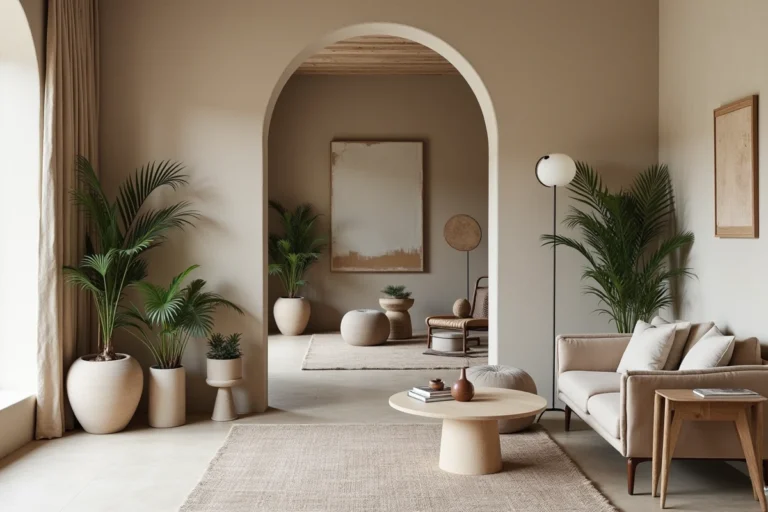 Intérieur d'appartement moderne et stylé avec une décoration inspirante alliant textures naturelles, mobilier en bois et plantes vertes