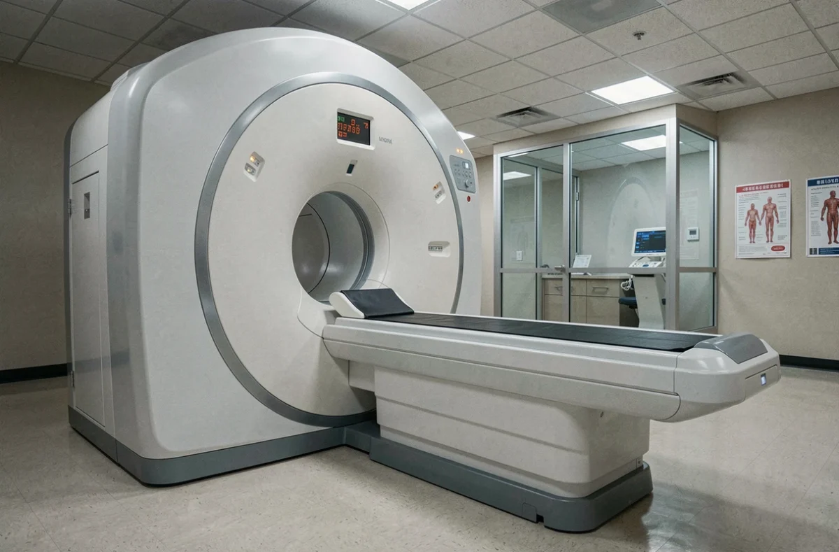 IRM ouvert vide en salle de radiologie mettant en valeur son ouverture spacieuse