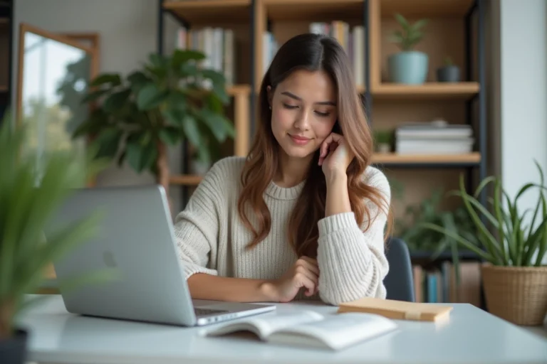 Jeune femme concentrée travaillant sur son ordinateur dans un bureau moderne
