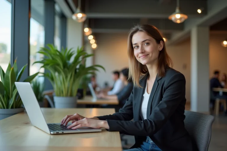 Jeune femme en coworking moderne travaillant sur son ordinateur
