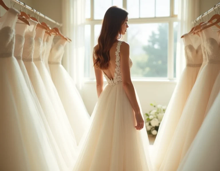 Jeune femme essayant une robe de mariée en dentelle ivoire dans une boutique de mariage élégante