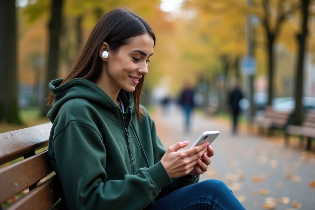 Jeune femme dans un parc urbain utilisant son mobile pour se connecter à MyPeopleDoc