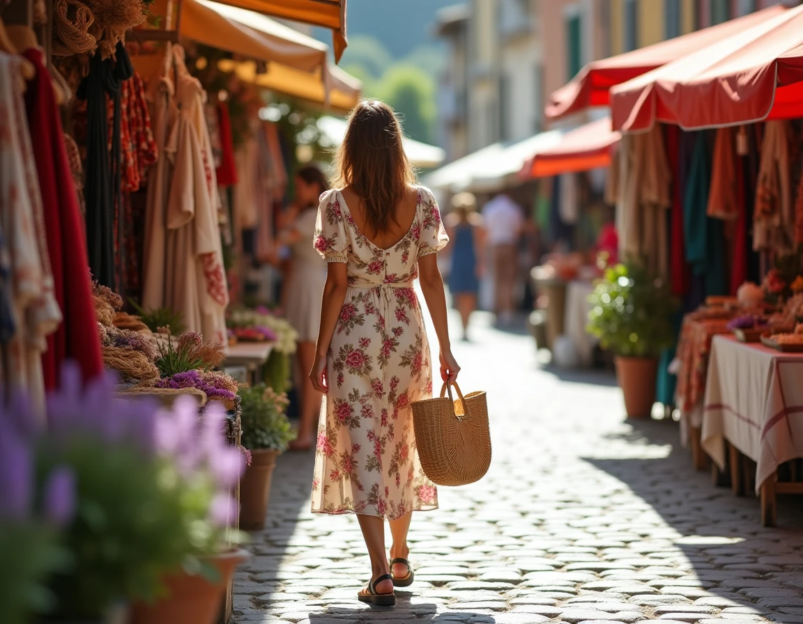 Jeune femme en robe fleurie midi faisant du shopping dans un marché vintage en plein air