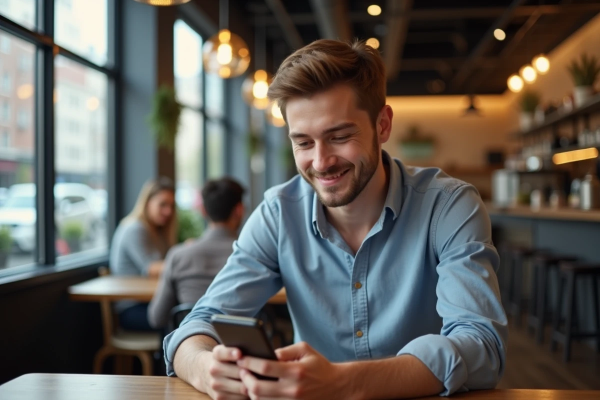Jeune homme au café utilisant son smartphone