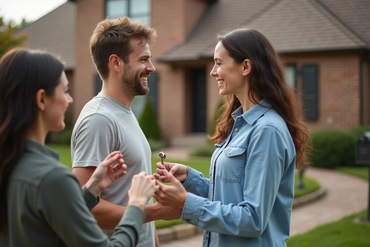 Jeune couple avec agent immobilier devant leur nouvelle maison