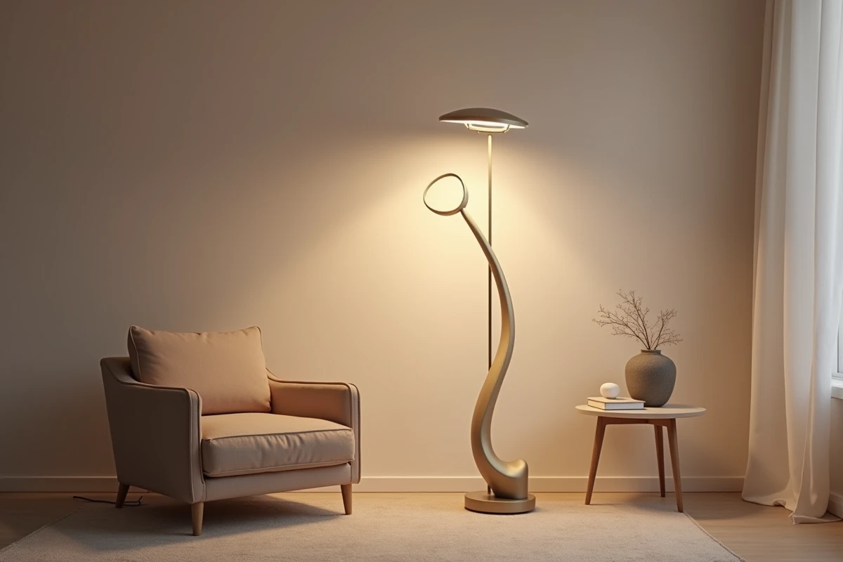 Lampe sculpturale au design organique servant de point focal décoratif dans un coin lecture minimaliste