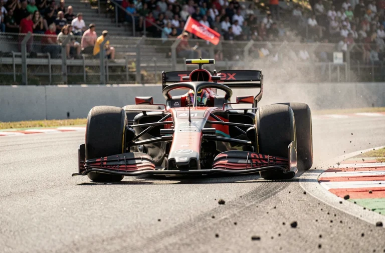 Monoplace de Formule 1 en phase de lift and coast dans un virage de circuit, vue trackside bas de caisse illustrant la technique d'optimisation de performance des pilotes F1