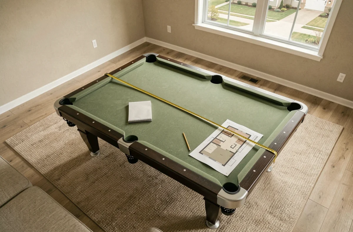 Vue plongeante d'un billard américain mesuré au mètre ruban dans un salon, avec un plan de pièce posé sur le bord pour planifier l'espace nécessaire