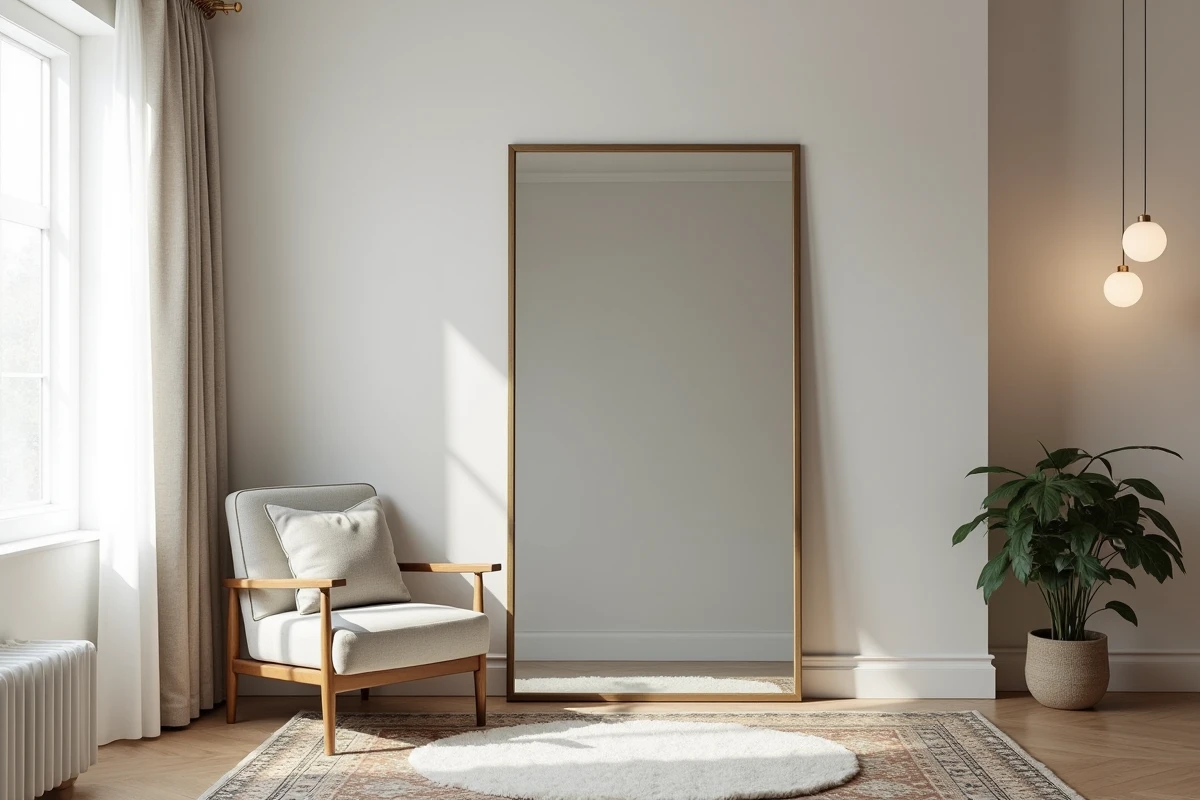 Grand miroir XXL à cadre en laiton brossé appuyé contre un mur de salon pour agrandir visuellement l'espace
