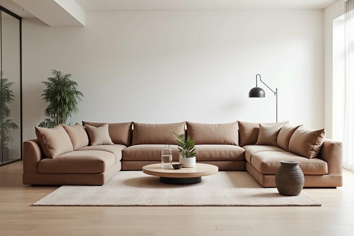 Canapé modulable en tissu taupe configuré de façon flexible dans un salon contemporain au parquet en chêne clair
