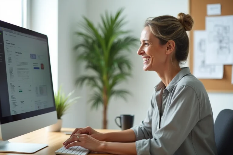 Femme consultant un plan de site web sur un ordinateur dans un bureau à domicile moderne