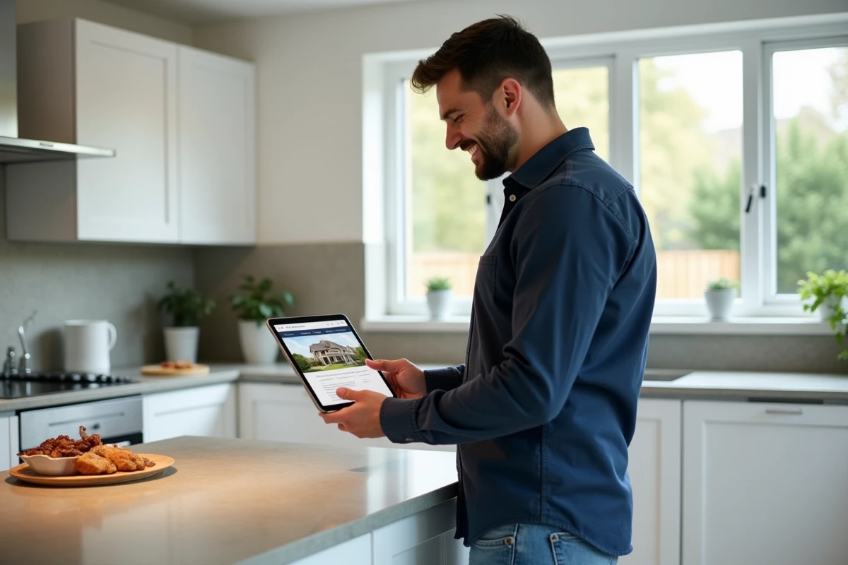 Homme naviguant sur le plan de site d'un constructeur de maisons depuis une tablette dans une cuisine moderne