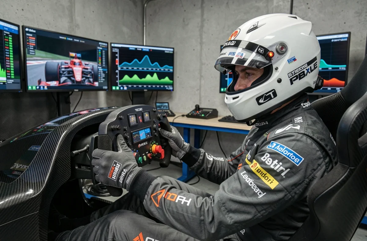Pilote de Formule 1 en combinaison de course dans un simulateur de cockpit F1, démontrant la technique lift and coast avec les mains sur le volant et écrans de télémétrie en arrière-plan
