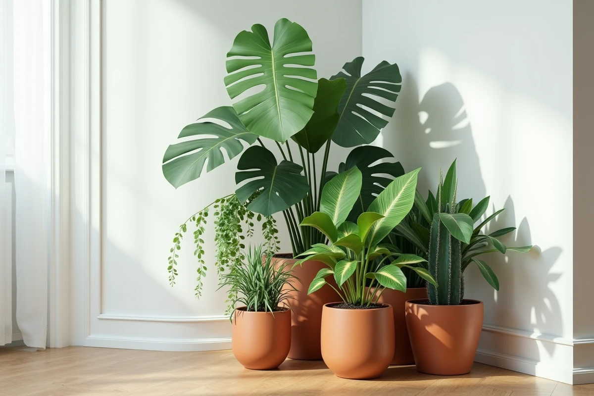 Accumulation structurée de plantes vertes en pots en terre cuite et céramique dans un coin de salon moderne