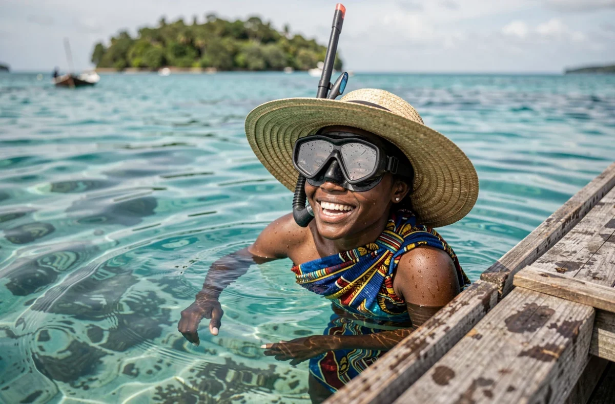 Jeune femme malgache faisant de la plongée en apnée à Nosy Be avec vue sur le récif corallien