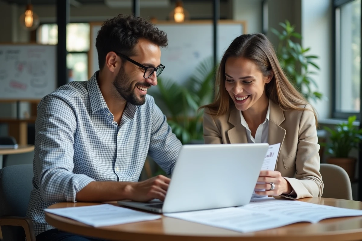 Deux professionnels analysant ensemble un guide business gratuit dans un espace de coworking