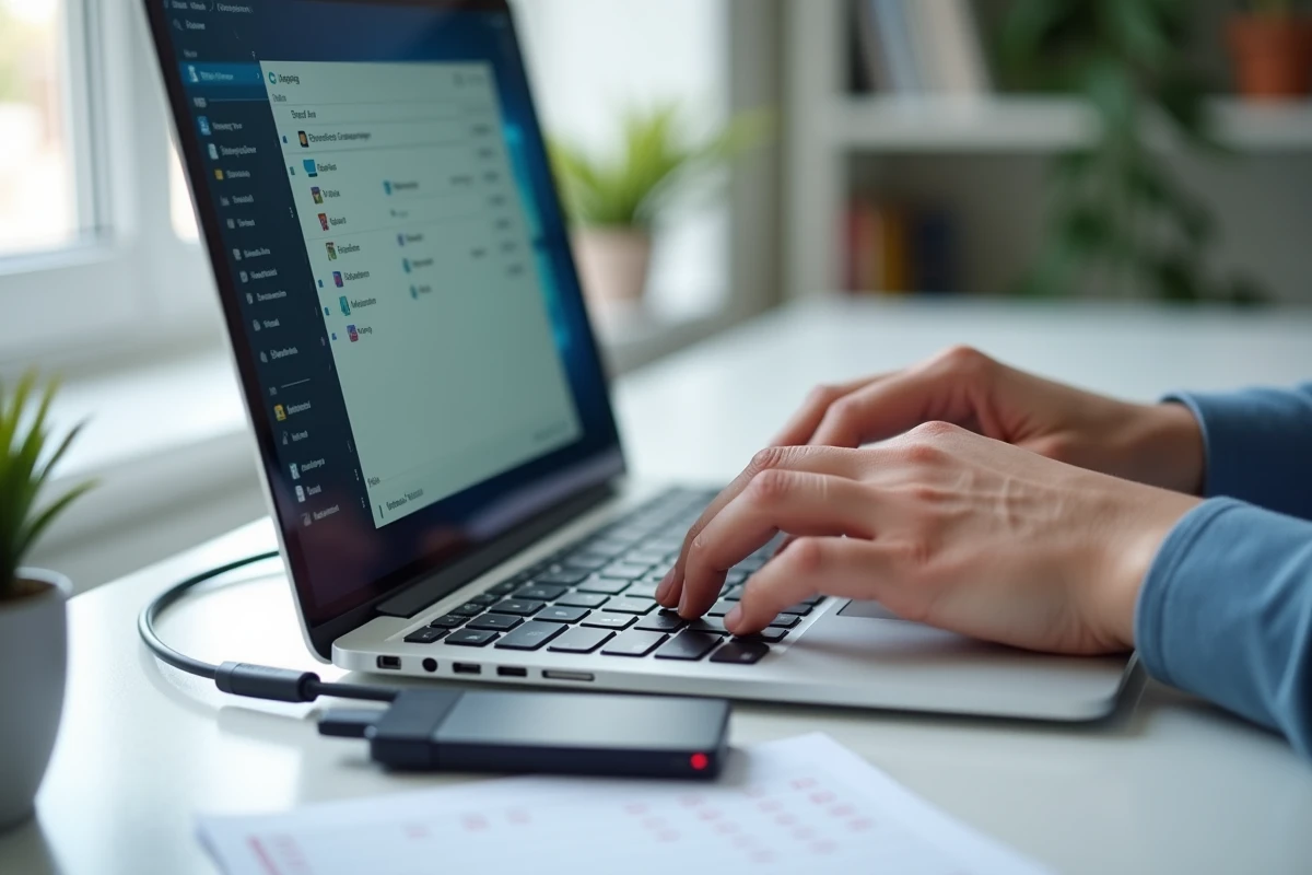 Gros plan sur des mains sauvegardant des archives de mails Orange sur un disque dur externe via un ordinateur portable
