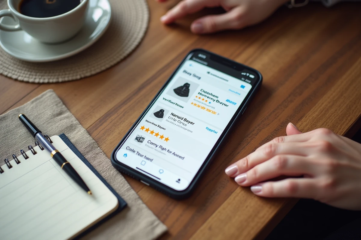 Vue en plongée d'un smartphone affichant les avis et badges de confiance d'un site de vente en ligne