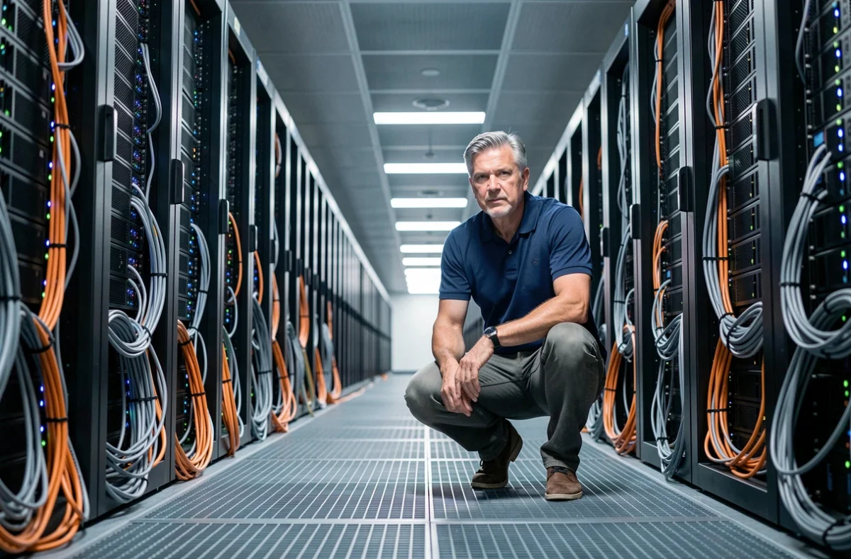 Technicien informatique dans un centre de données professionnel examinant des serveurs et des câbles réseau représentant l'infrastructure physique d'Internet