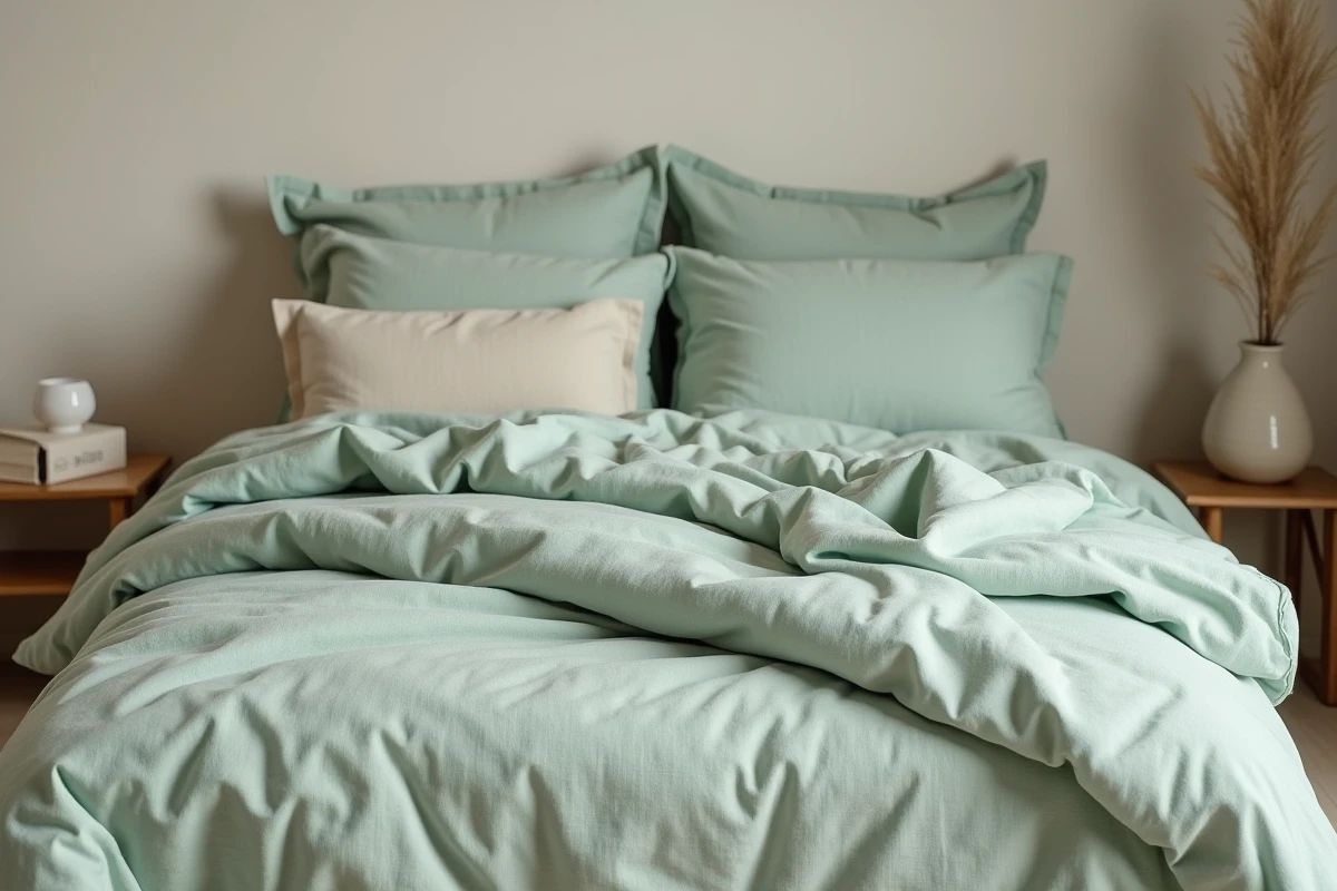 Chambre apaisante habillée de textiles en lin lavé froissé en tons naturels et vert sauge sur un lit en bois bas