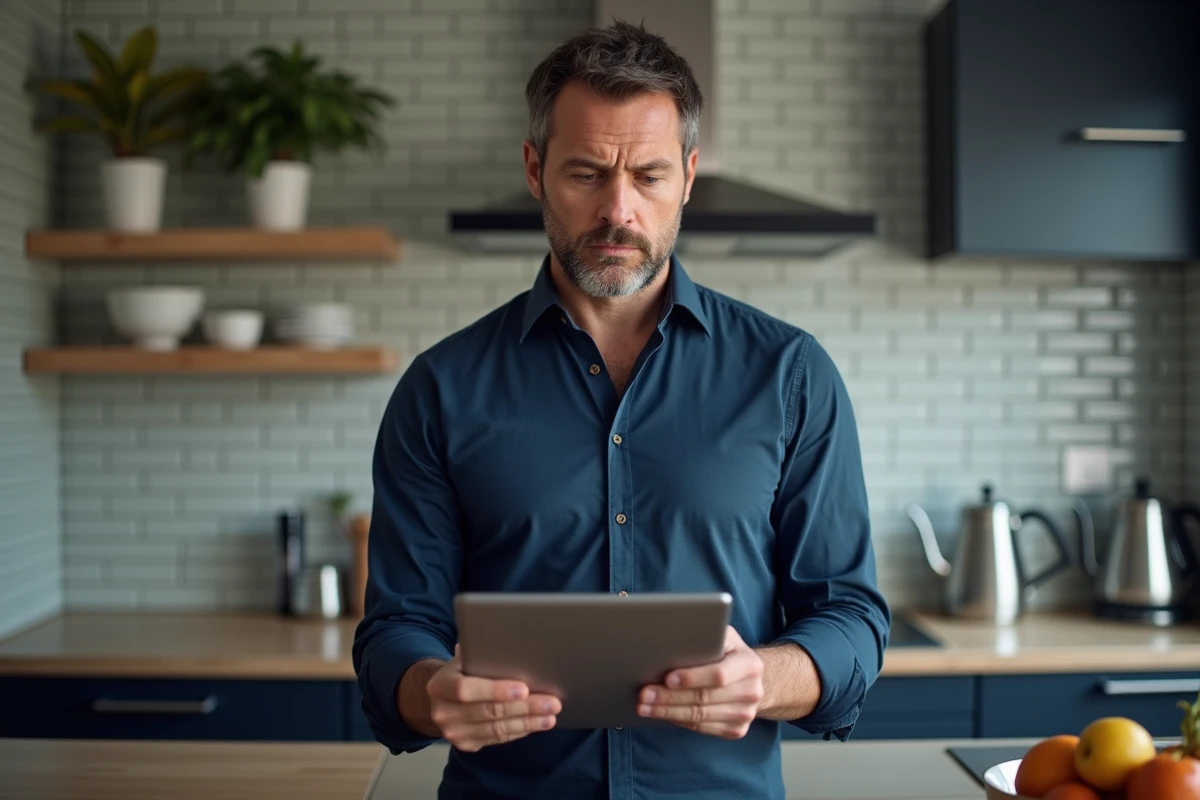 Homme consultant les avis clients sur une tablette pour vérifier la fiabilité d'un site e-commerce