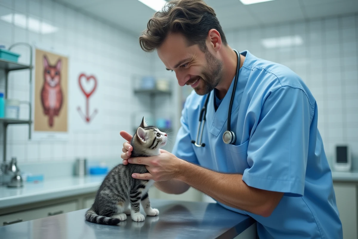 Vétérinaire examinant un chaton de 3 mois lors d'une consultation dans une clinique vétérinaire en Île-de-France